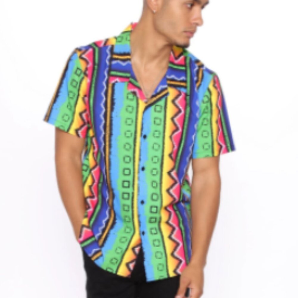 Discovery Short Sleeve Button Down Shirt - Retro Print  - Men's Size L - NWT